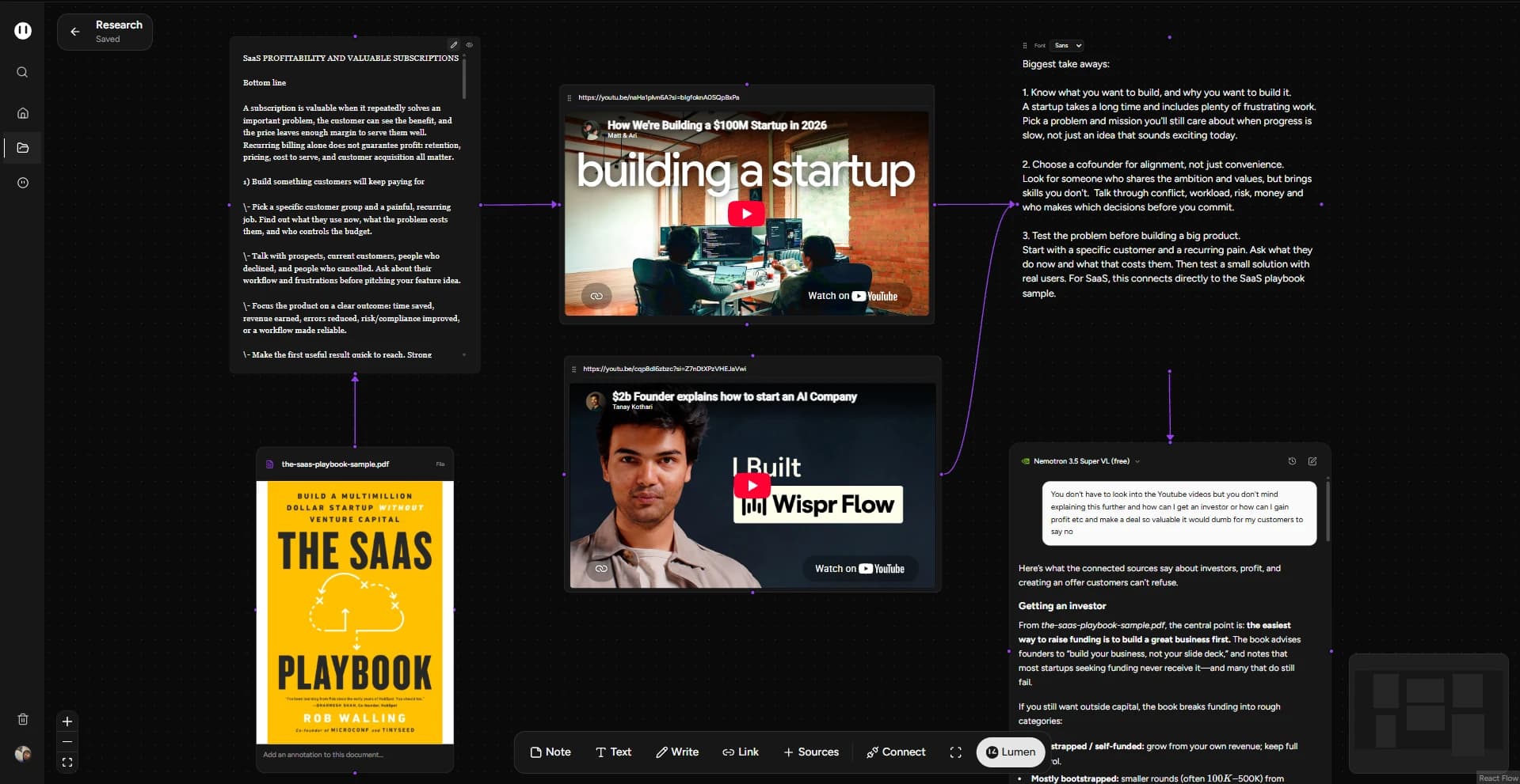 DRAFT in dark mode: notes, a PDF and videos connected to Lumen on a research canvas
